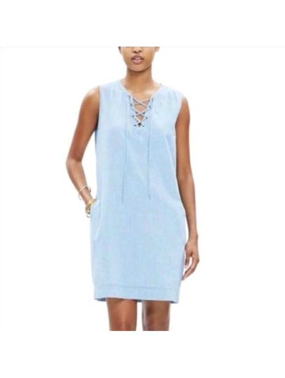 Madewell Lace-Up Boho Chambray Coastal Shift Dress Light Wash Blue XL